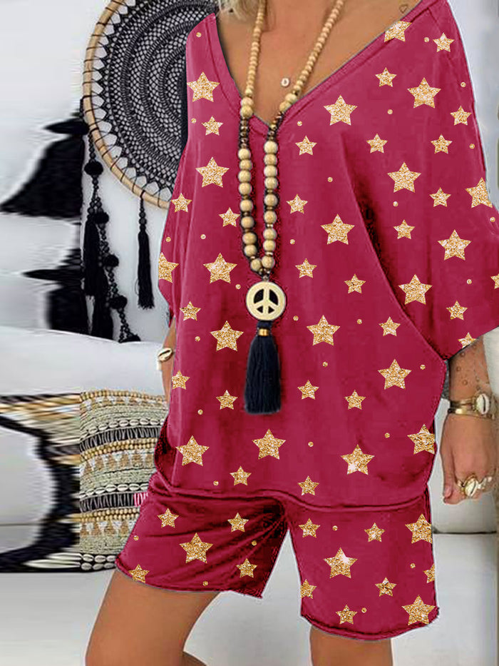 Deep V-Neck Star Print Shorts Set