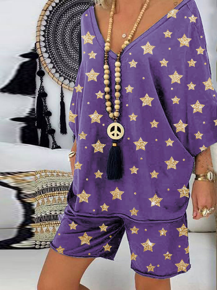 Deep V-Neck Star Print Shorts Set