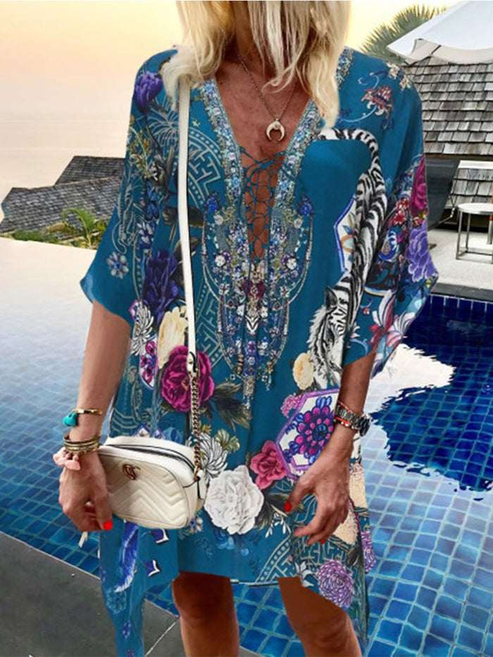 Deep V Printed Loose Casual Dress