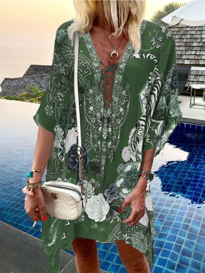 Deep V Printed Loose Casual Dress