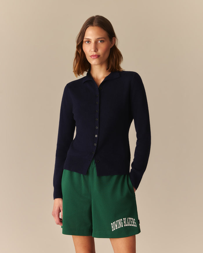 Esme Cashmere Mock Neck Cardigan Heather Navy Heather Navy / XL