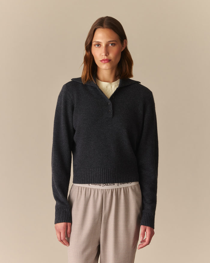Estelle Cashmere Wide Collar Polo Sweater Heather Gray Heather Gray / XL