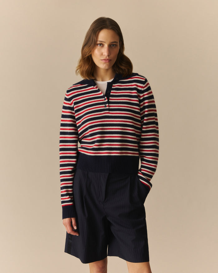Estelle Cashmere Wide Collar Polo Sweater Multi-Color Multi-Color / XL