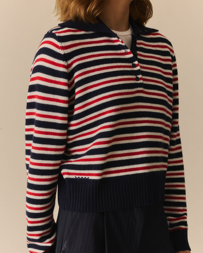 Estelle Cashmere Wide Collar Polo Sweater Multi-Color Multi-Color / XL