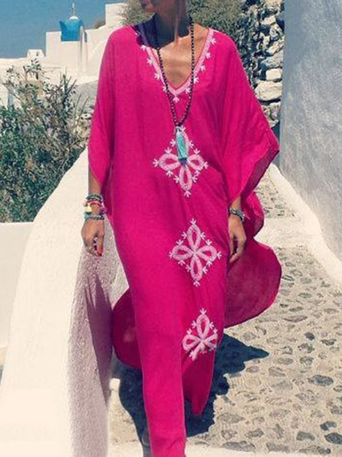 Exotic Style Embroidered Loose Maxi Dress with Tassel