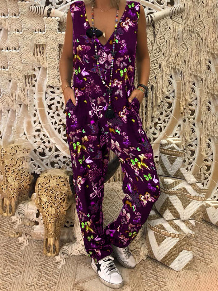 Fashion All-match Printed V-neck Jumpsuit