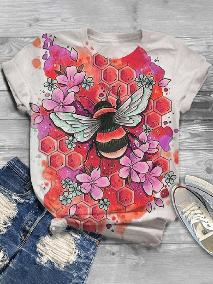 Fashion Bee Printed Short-sleeved Round Neck Casual T-shirt