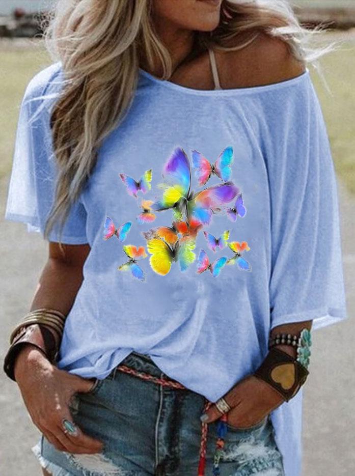 Fashion Butterfly Print Holiday Short Sleeve Top