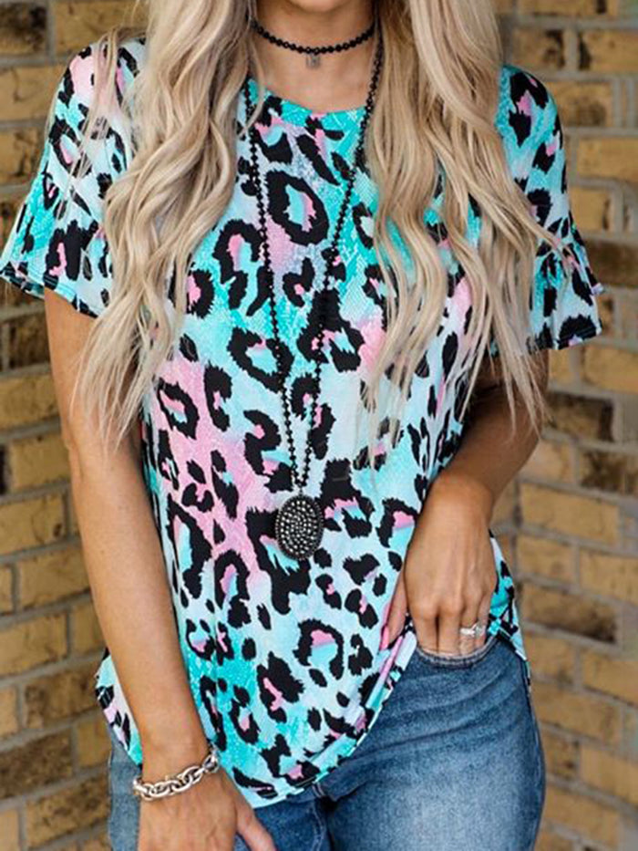 Fashion Casual Leopard Print Round Neck T-shirt