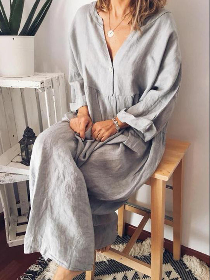 Fashion Casual Long Sleeve Solid Color Maxi Dress