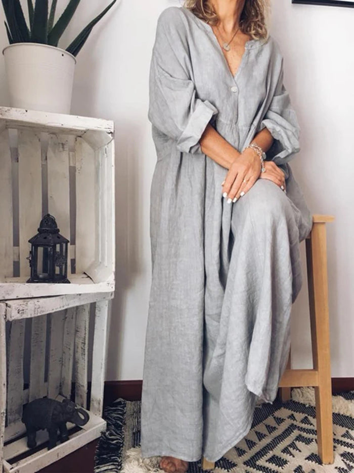 Fashion Casual Long Sleeve Solid Color Maxi Dress