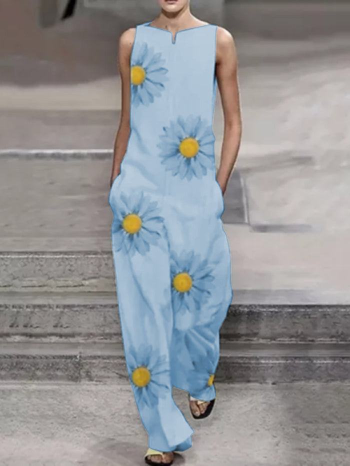 Fashion Casual Loose Daisy Printed Jumpsuit