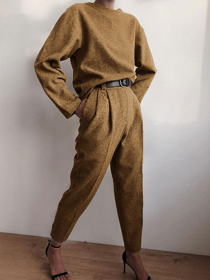 Fashion Casual Round Neck Solid Color Two-piece Suit