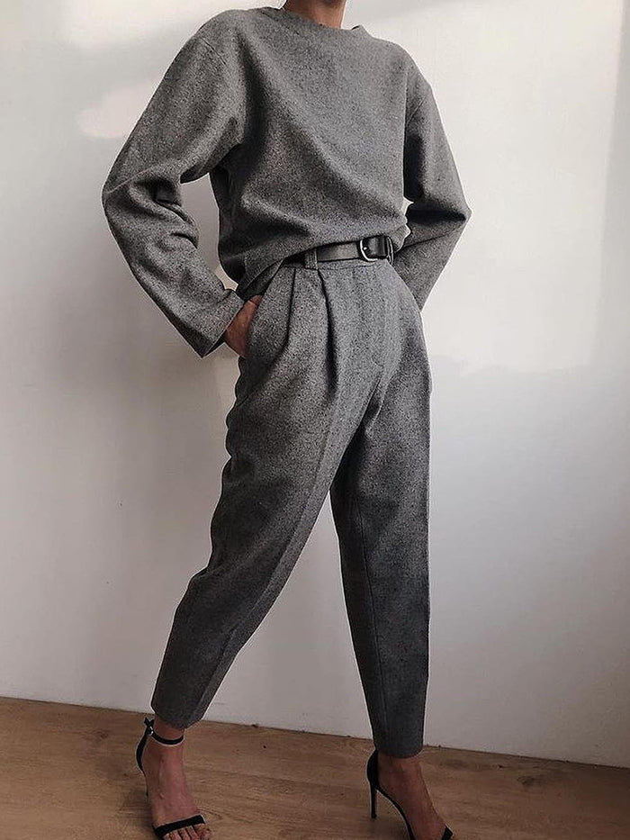 Fashion Casual Round Neck Solid Color Two-piece Suit