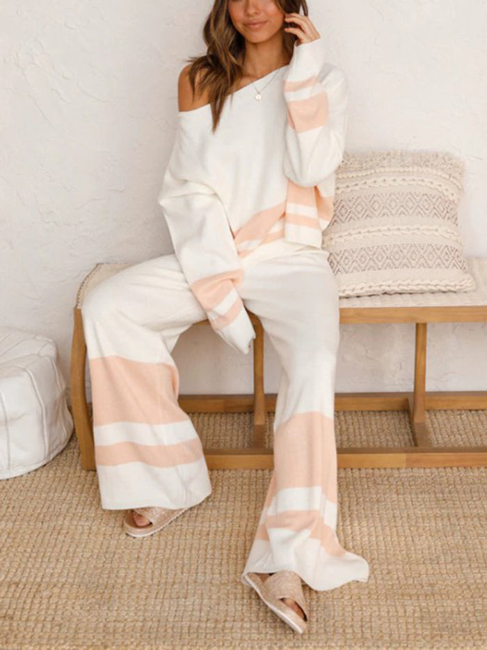 Fashion Casual Round Neck Striped Two-piece Suit