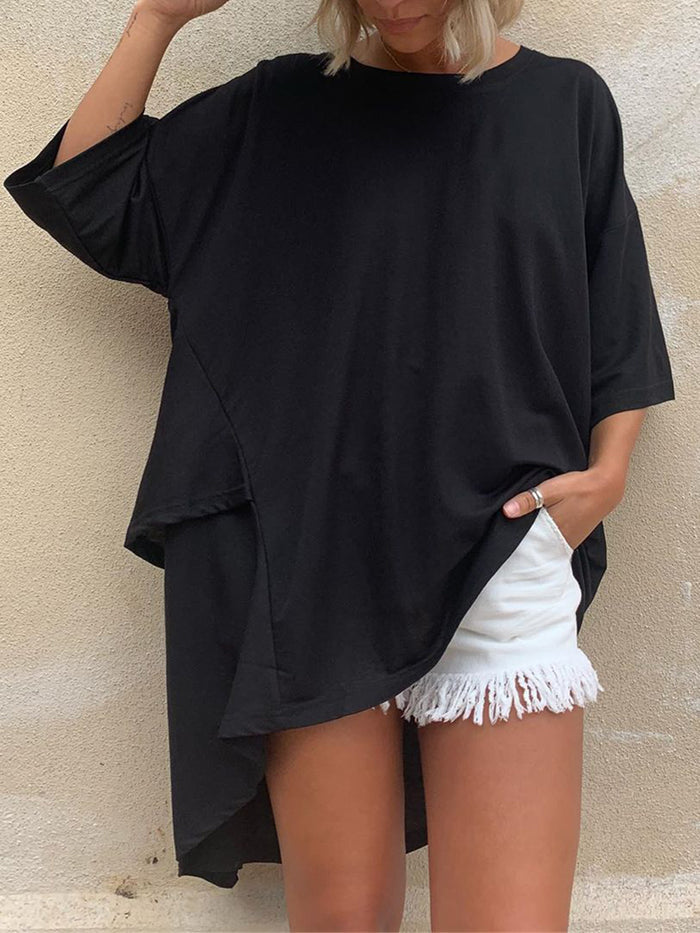 Fashion Casual Solid Color Irregular Split 3/4 Sleeve T-shirt