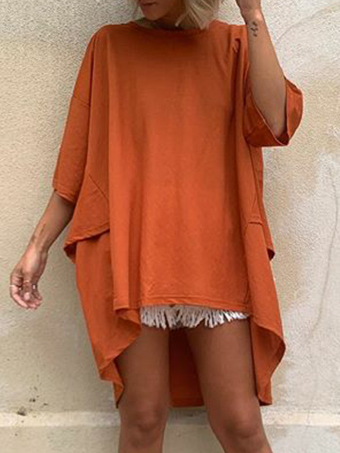 Fashion Casual Solid Color Irregular Split 3/4 Sleeve T-shirt