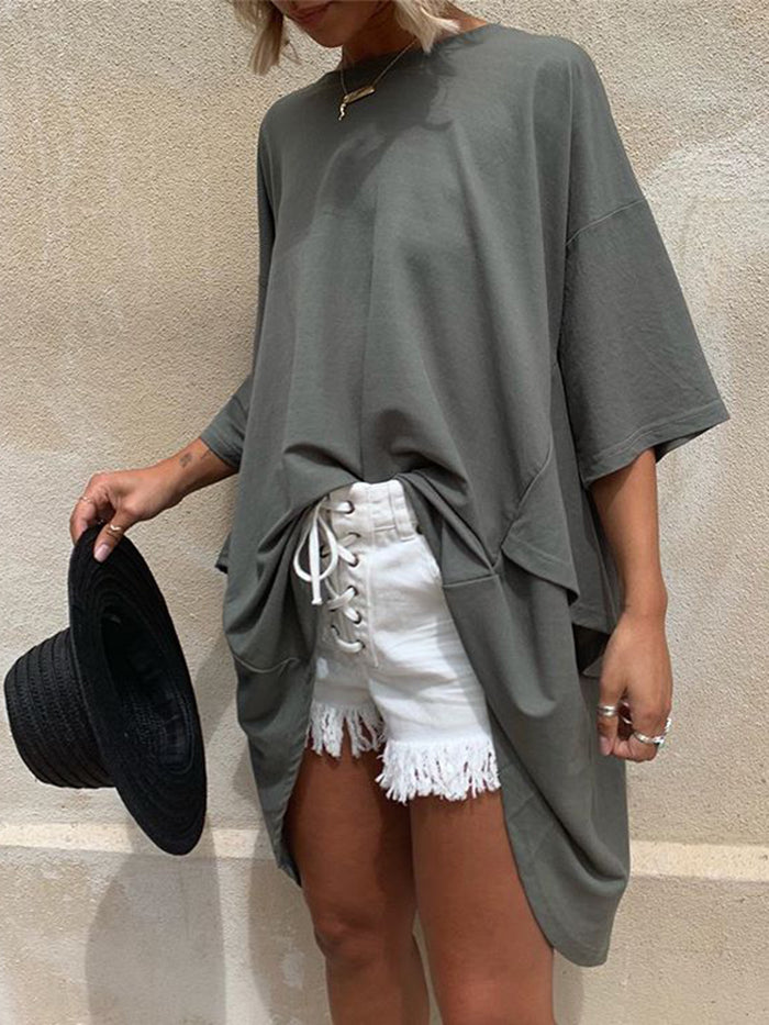 Fashion Casual Solid Color Irregular Split 3/4 Sleeve T-shirt