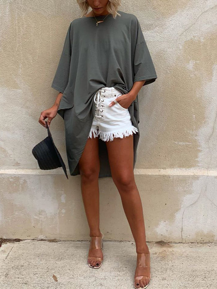 Fashion Casual Solid Color Irregular Split 3/4 Sleeve T-shirt