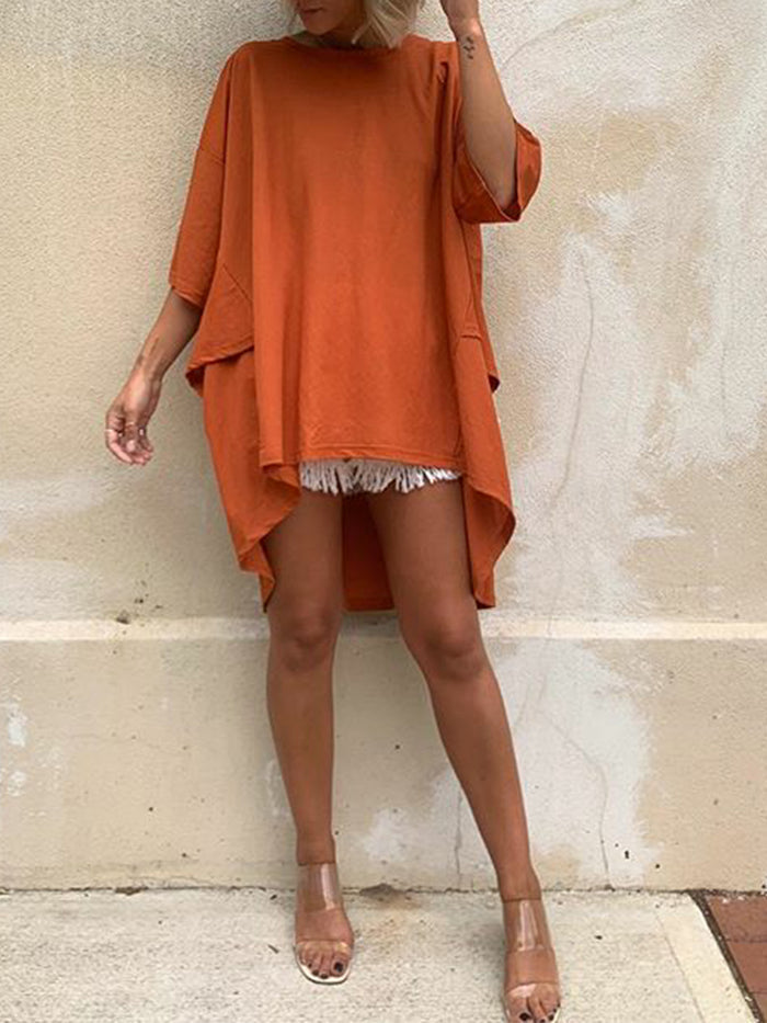 Fashion Casual Solid Color Irregular Split 3/4 Sleeve T-shirt