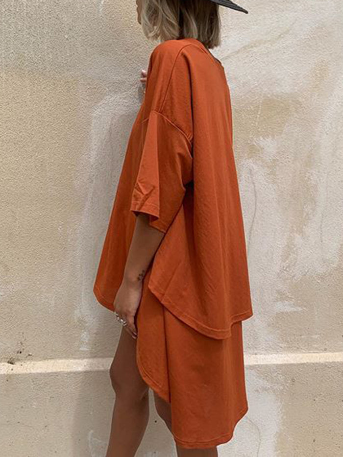 Fashion Casual Solid Color Irregular Split 3/4 Sleeve T-shirt