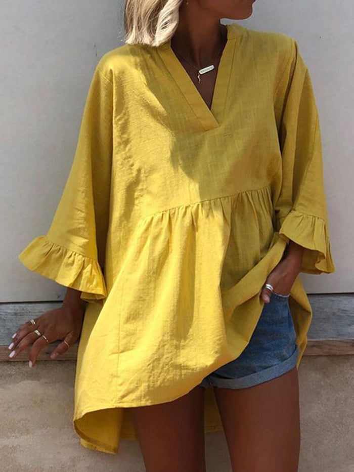 Fashion Casual Solid Color V-neck Ruffled-Sleeve T-shirt