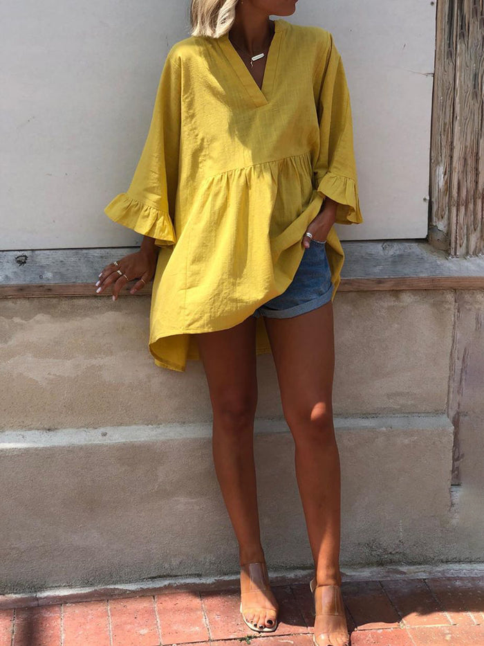Fashion Casual Solid Color V-neck Ruffled-Sleeve T-shirt