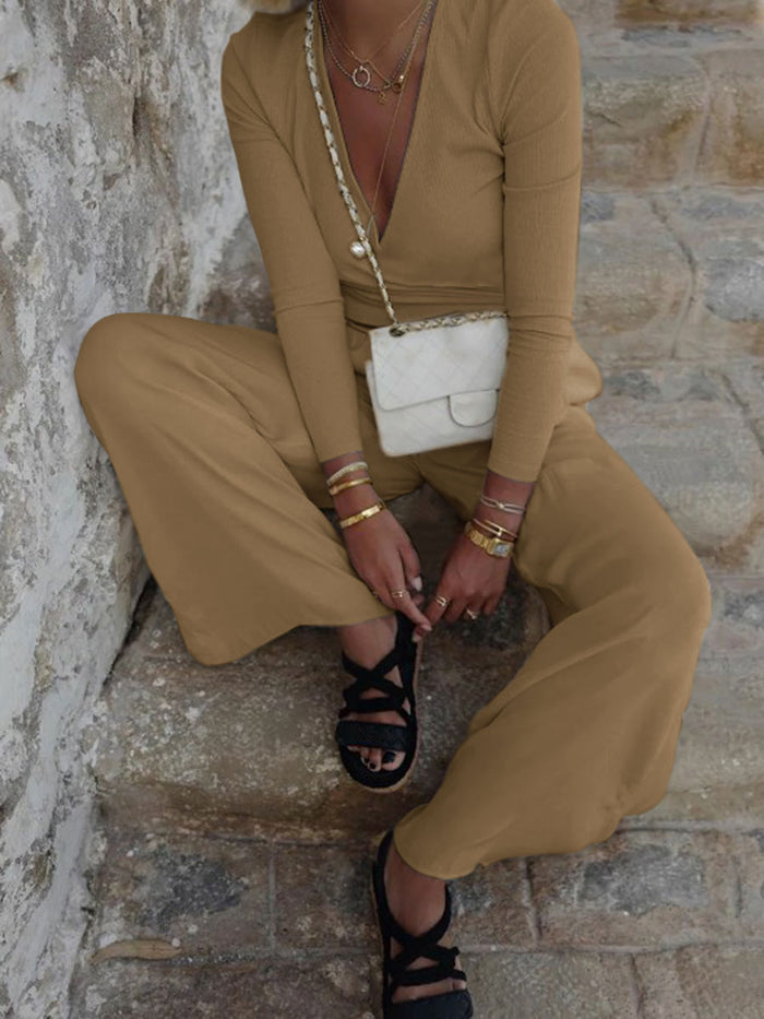 Fashion Casual V-neck Solid Color Two-piece Suit