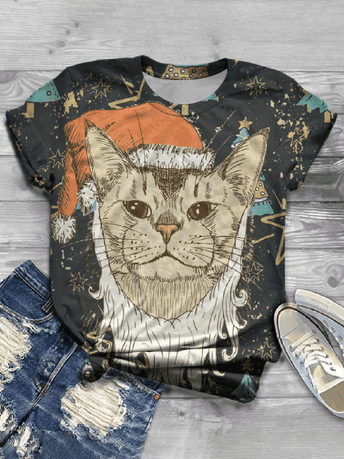 Fashion Cat Print Crew Neck Casual T-shirt