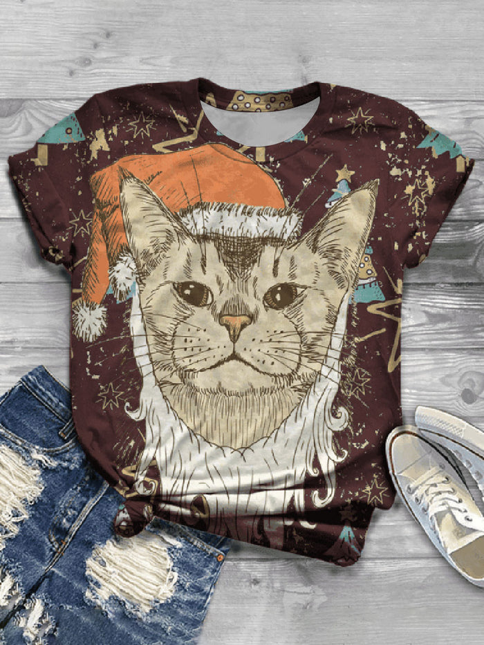Fashion Cat Print Crew Neck Casual T-shirt
