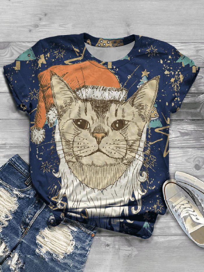 Fashion Cat Print Crew Neck Casual T-shirt
