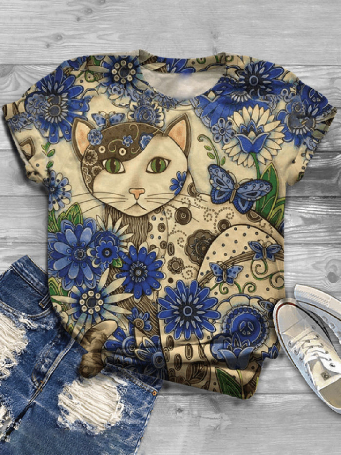 Fashion Cat Printed Short Sleeve Casual T-shirt