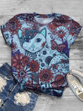 Fashion Cat Printed Short Sleeve Casual T-shirt