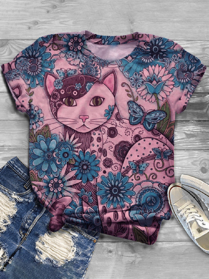 Fashion Cat Printed Short Sleeve Casual T-shirt