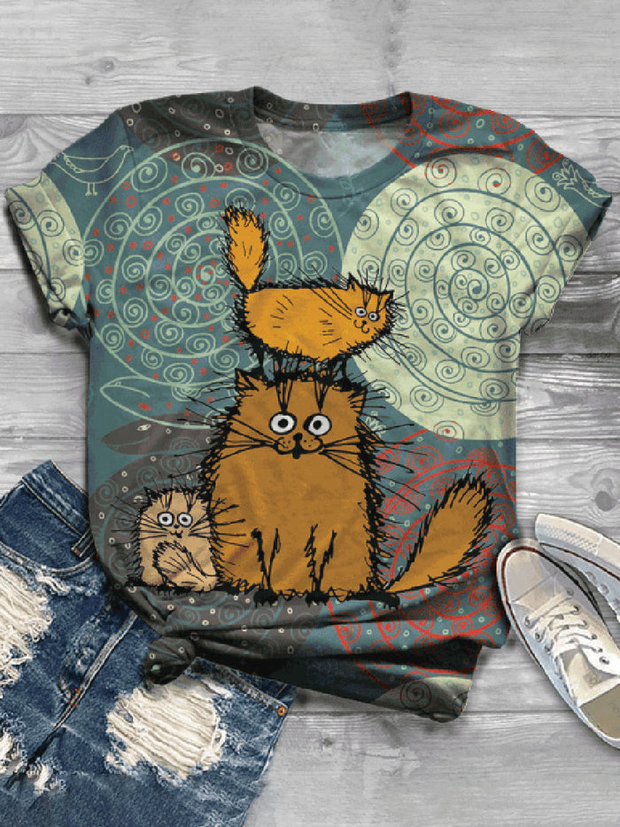 Fashion Cat Printed Short Sleeve Round Neck Casual T-shirt