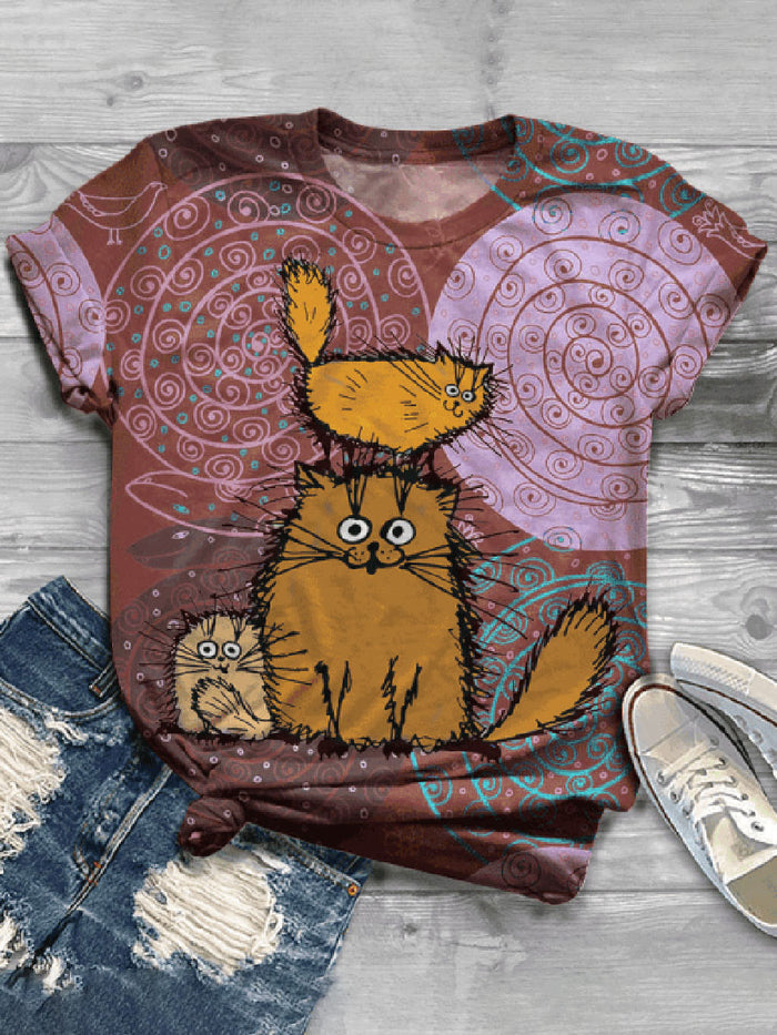 Fashion Cat Printed Short Sleeve Round Neck Casual T-shirt