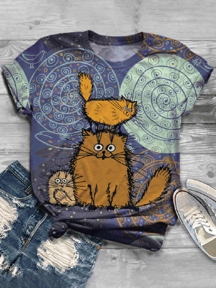 Fashion Cat Printed Short Sleeve Round Neck Casual T-shirt