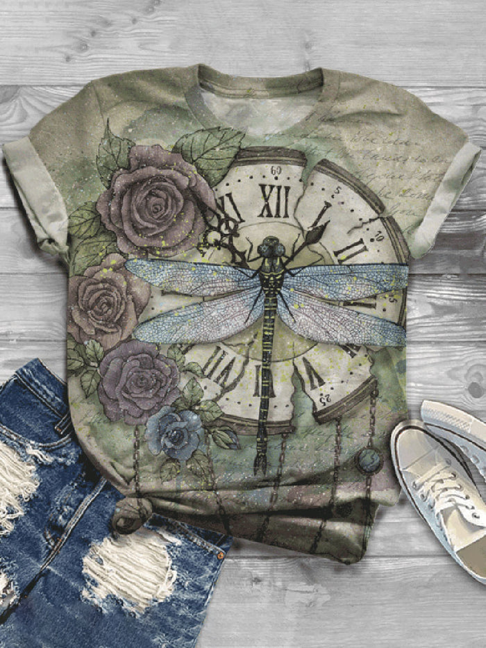 Fashion Creative Dragonfly Printed Short Sleeve Casual T-shirt