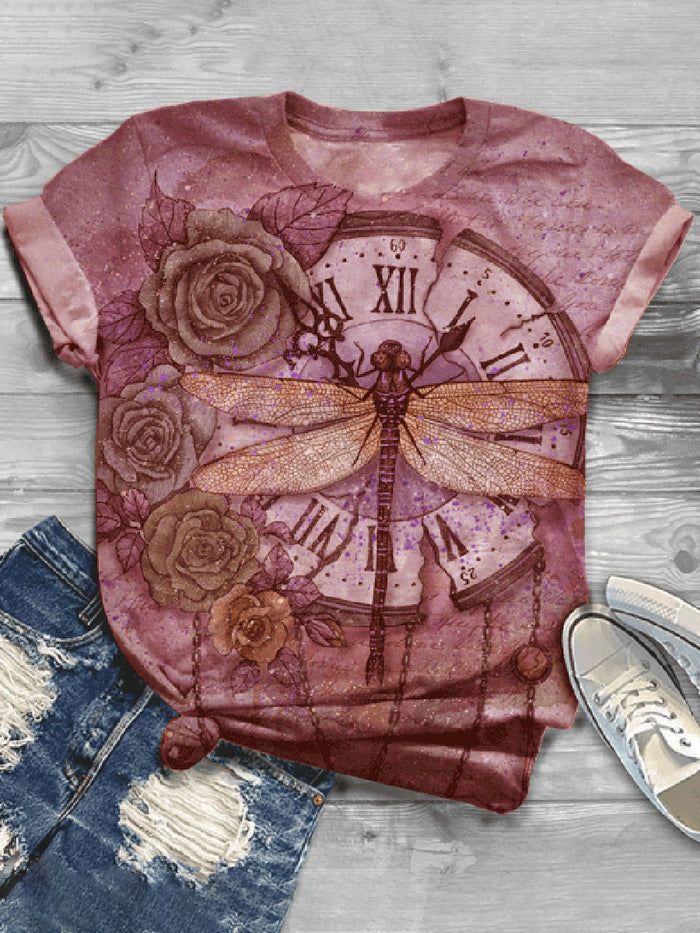Fashion Creative Dragonfly Printed Short Sleeve Casual T-shirt