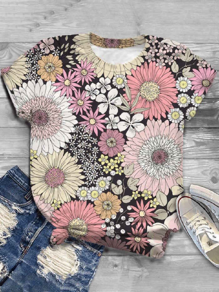 Fashion Creative Floral Print Short Sleeve Casual T-shirt