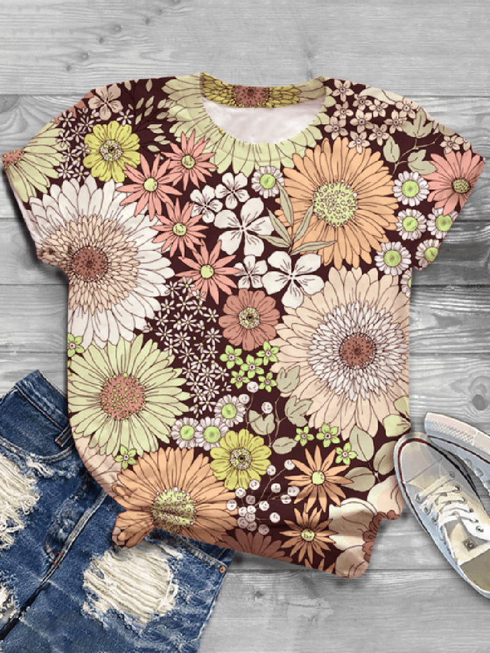 Fashion Creative Floral Print Short Sleeve Casual T-shirt