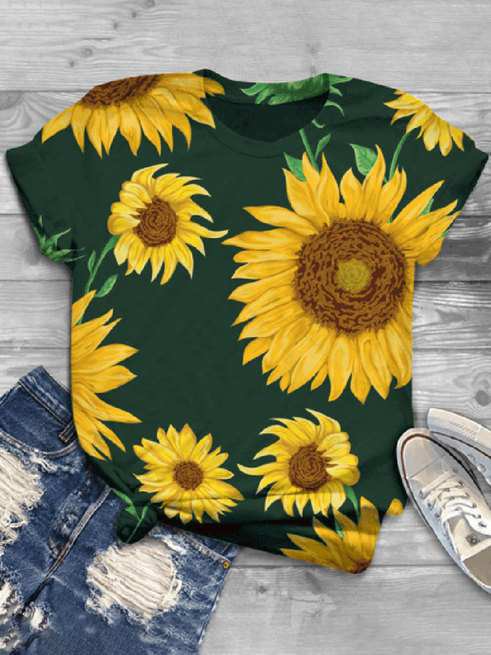 Fashion Creative Sunflower Printed Short Sleeve Casual T-shirt