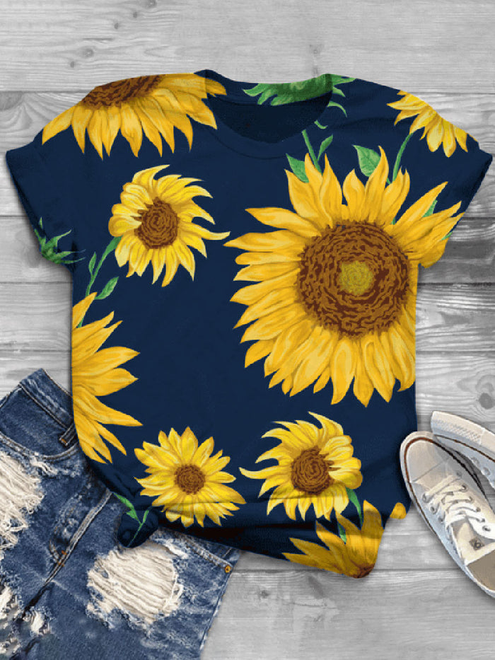 Fashion Creative Sunflower Printed Short Sleeve Casual T-shirt