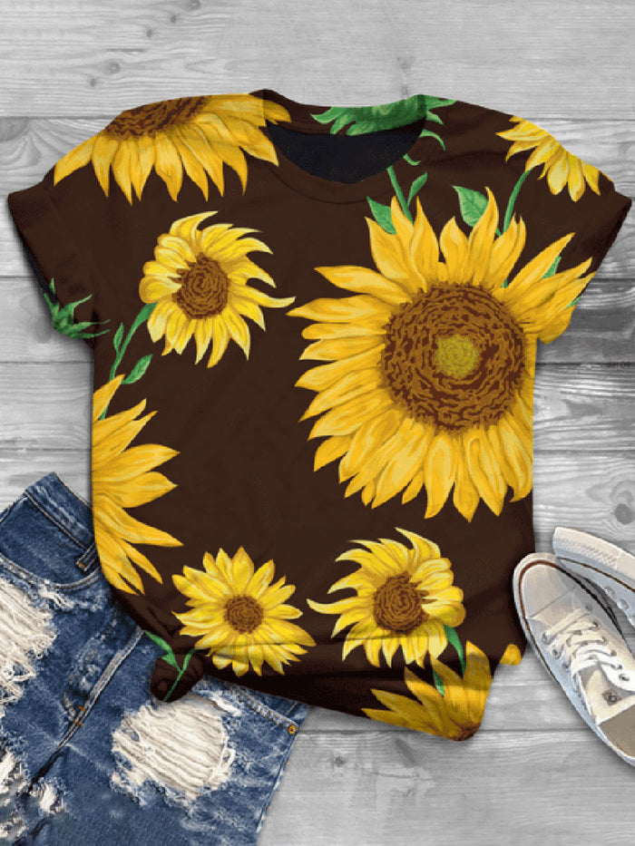Fashion Creative Sunflower Printed Short Sleeve Casual T-shirt