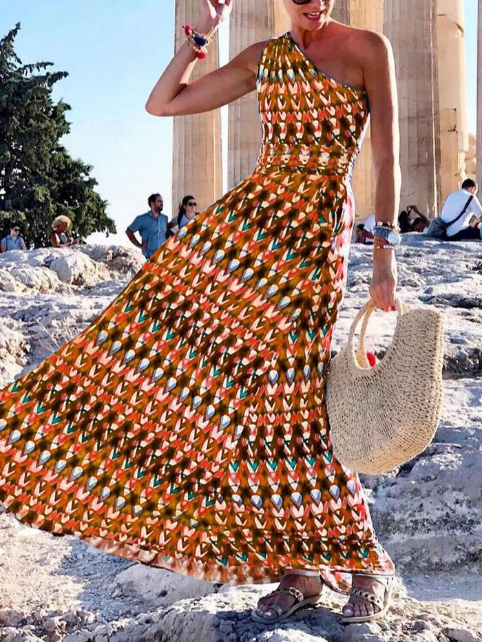 Fashion Floral Printed One Shoulder Maxi Dress