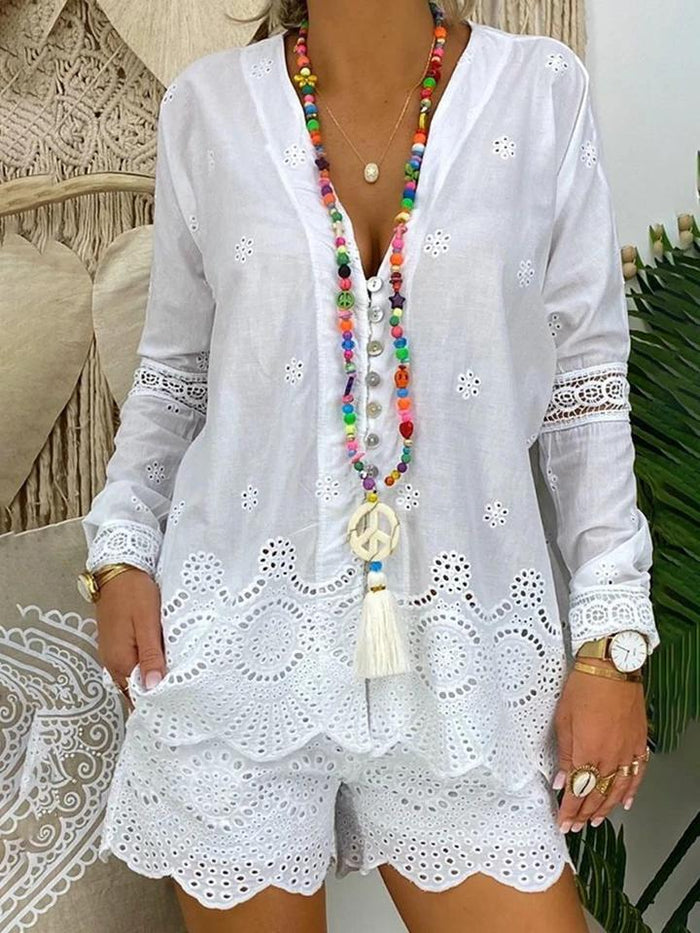 Fashion Hollow Printed Long Sleeve Casual T-shirt