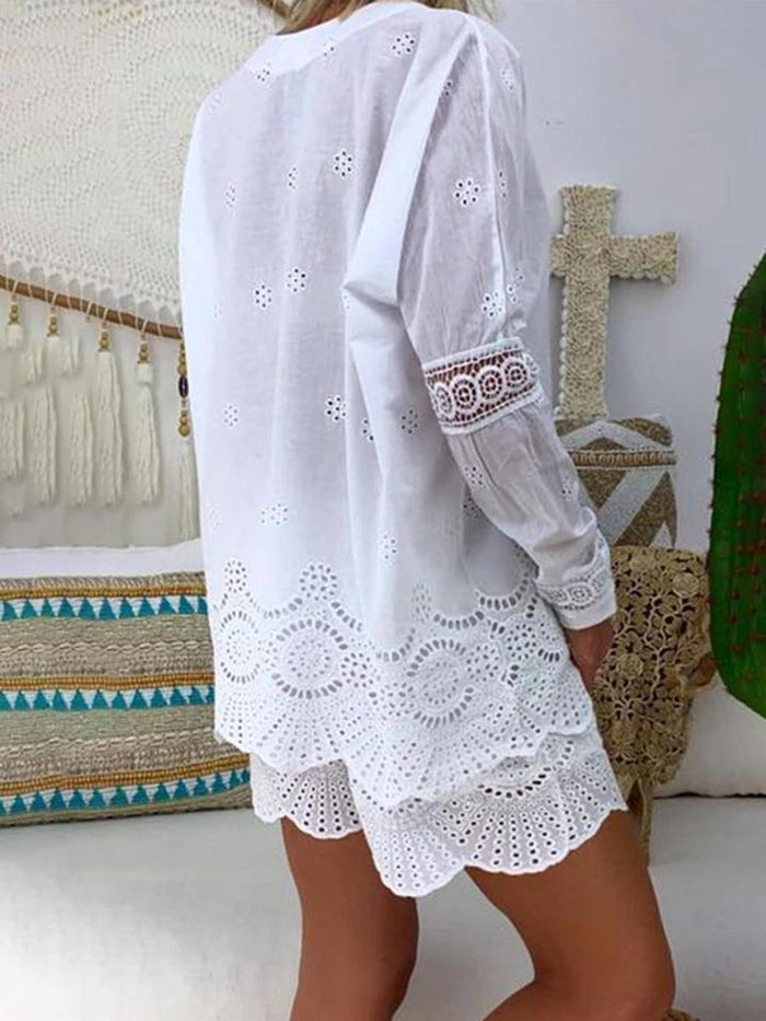 Fashion Hollow Printed Long Sleeve Casual T-shirt