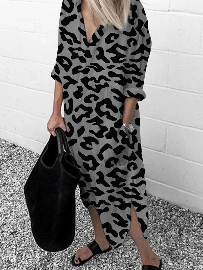 Fashion Leopard Print Long Sleeve Split Dress