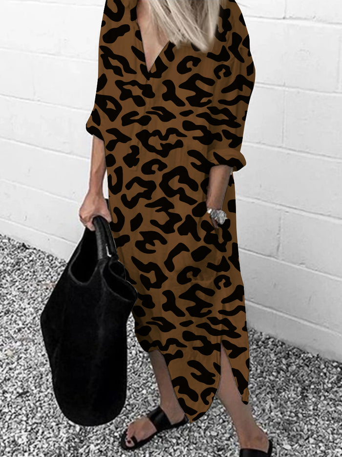 Fashion Leopard Print Long Sleeve Split Dress