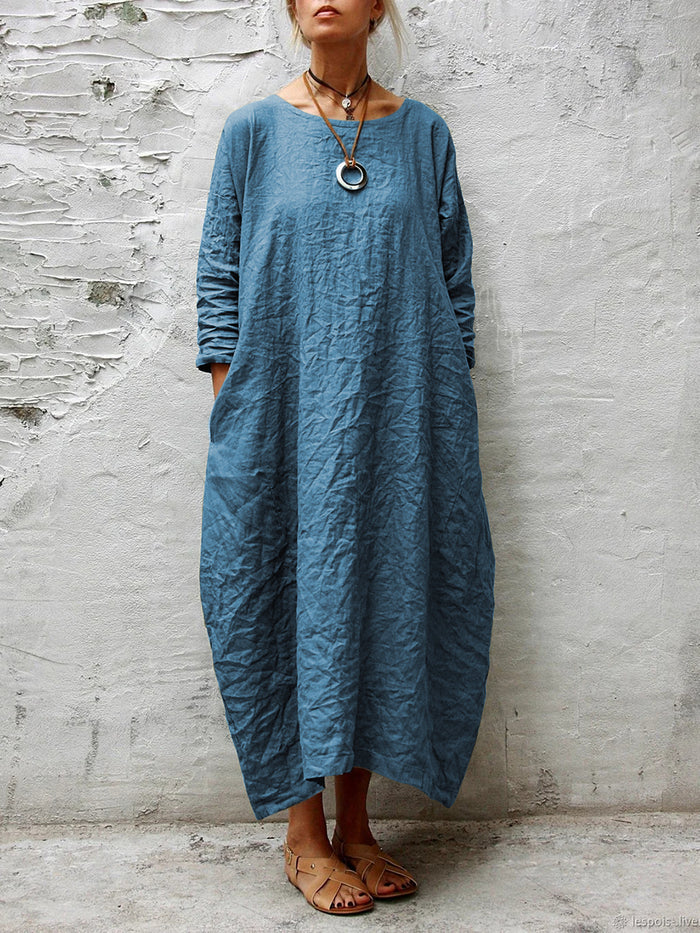 Fashion Long Sleeve Round Neck Solid Color Casual Dress